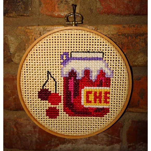 Vintage Needlepoint Hoop Art Cherries on Woven Rattan wood frame farmhouse decor - Picture 7 of 11